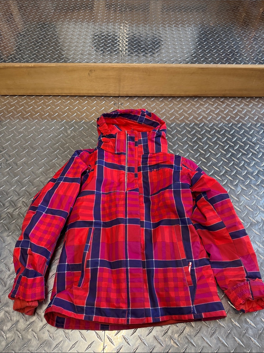 Columbia Kids Red and Purple Plaid Hooded Jacket